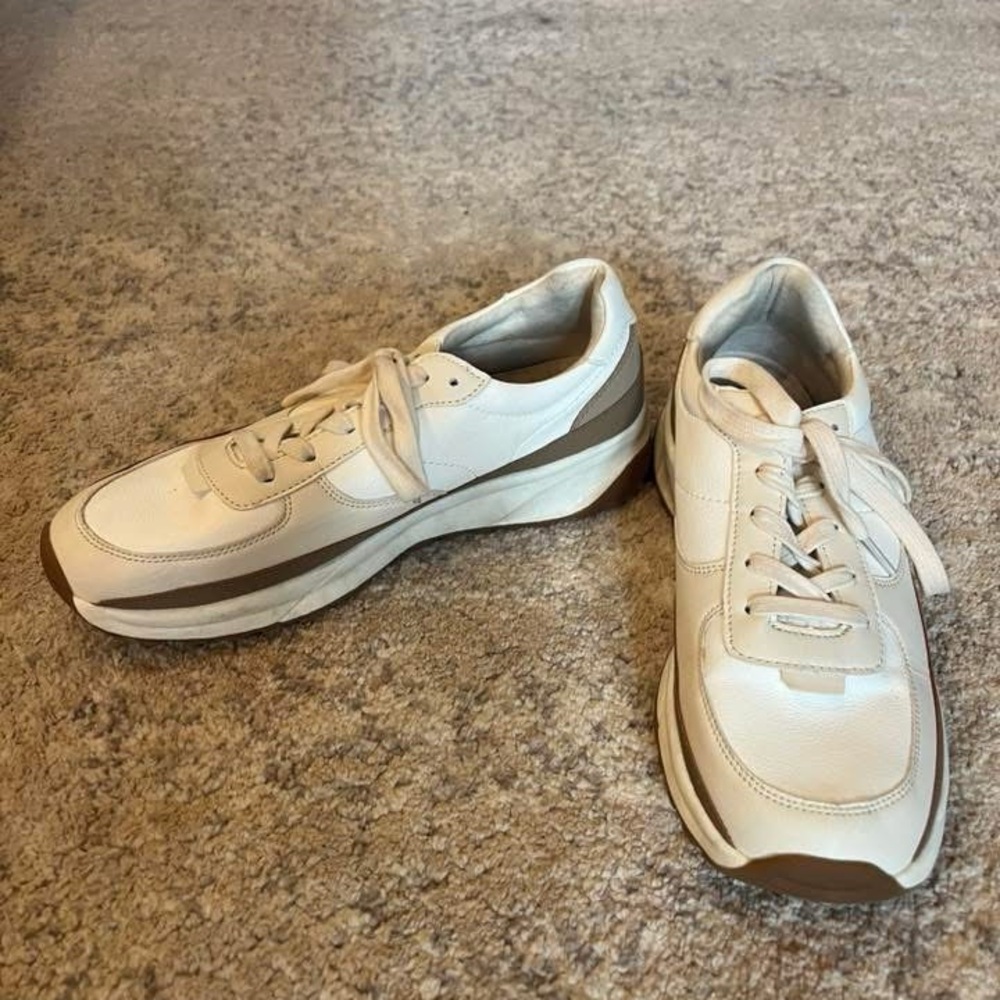 Women’s Casual Leather Sneakers - Off-White with Brown Trim